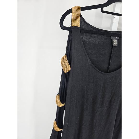 La Vanya Womens Sz M Long Sleeve Cold Shoulder Blouse Black w/ Gold Rehinestones - Picture 2 of 4